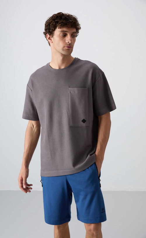 Koyu Gri Pamuklu Kalın Yüzeyi Dokulu Oversize Fit Basic Erkek T-Shirt - 88341