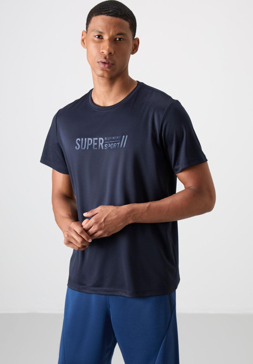 Lacivert Polyester Nefes Alan Dokulu İnce Esnek Standart Fit Erkek Performans T-Shirt - 88385