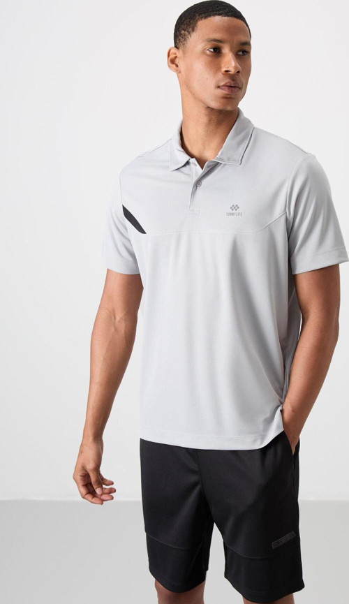 Gri Polyester Nefes Alan Dokulu İnce Esnek Standart Fit Polo Yaka Erkek Performans T-Shirt - 88402