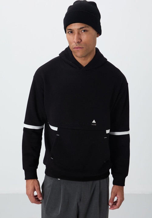 Siyah Pamuklu Kalın İçi Tüylü Yumuşak Dokulu Comfort Fit Nakışlı Erkek Sweatshirt - 88417