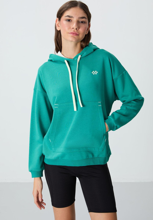 Deniz Yeşili Kompakt Pamuklu Kalın Pürüzsüz Dokulu Kapüşonlu Oversize Fit Kadın Sweatshirt - 97291