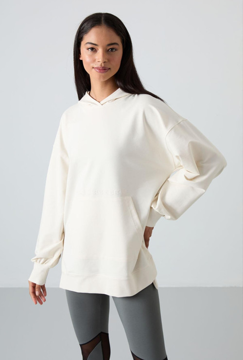 Ekru Balon Kol Yazı Nakışlı Kadın Oversize Tunik Sweatshirt - 97163