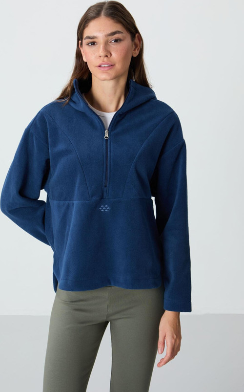 Parlament Kalın Yumuşak Dokulu Kapüşonlu Oversize Nakışlı Polar Kadın Sweatshirt -97286