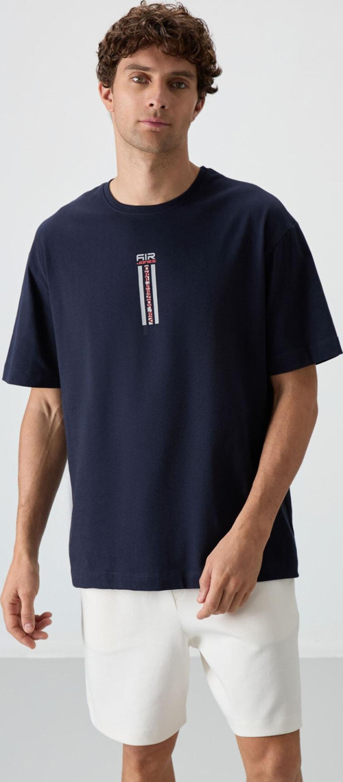 Lacivert %100 Pamuk Kalın Yumuşak Dokulu Oversize Fit Baskılı Erkek T-Shirt - 88360