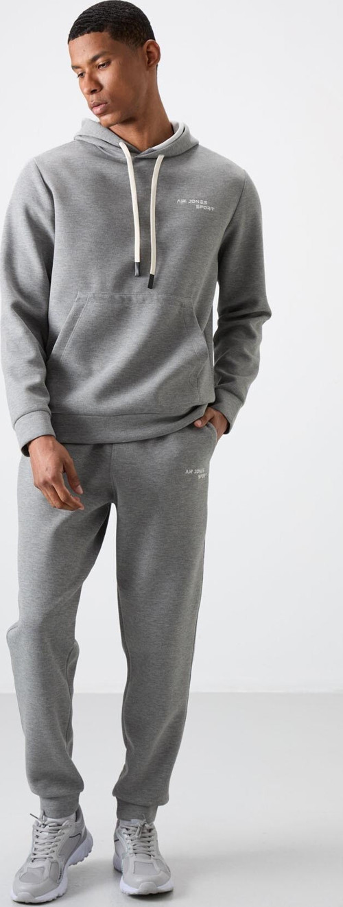 Gri Melanj Pamuklu Kalın Yumuşak Dokulu Comfort Fit Nakışlı Erkek Eşofman Takım - 85255