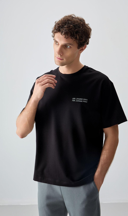 Siyah Pamuklu Kalın Yumuşak Dokulu Oversize Fit Baskılı Erkek T-Shirt - 88375