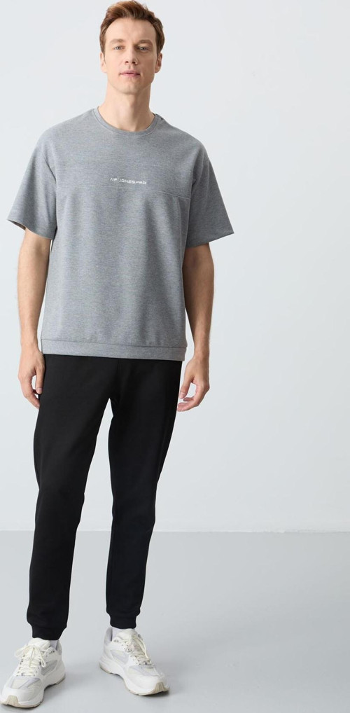Gri Melanj Siyah Pamuklu Kalın Yumuşak Dokulu Oversize Fit Basic Erkek Eşofman Takım - 85261