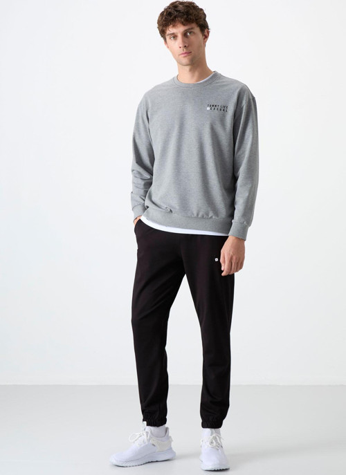 Gri Melanj - Siyah Casual O Yaka Lastik Paça Pamuklu Erkek Oversize Eşofman Takımı - 85120
