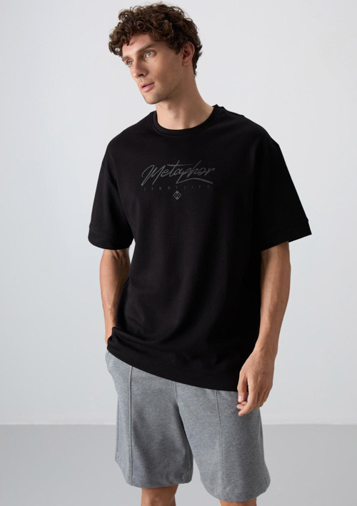 Siyah Pamuklu Kalın Yumuşak Dokulu Oversize Fit Baskılı Erkek T-Shirt - 88320