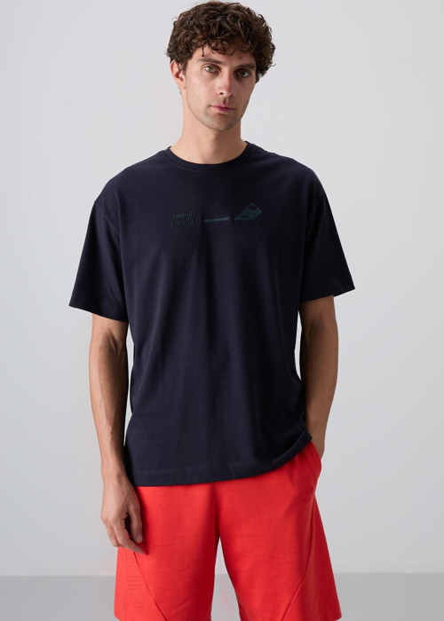 Lacivert Pamuklu Kalın Yumuşak Dokulu Oversize Fit Baskılı Erkek T-Shirt - 88330