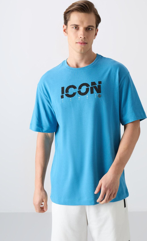 Petrol Mavi Pamuklu Kalın Yumuşak Dokulu Oversize Fit Baskılı Erkek T-Shirt - 88331