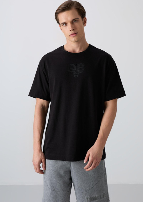 Siyah Pamuklu Kalın Yumuşak Dokulu Oversize Fit Baskılı Erkek T-Shirt - 88333
