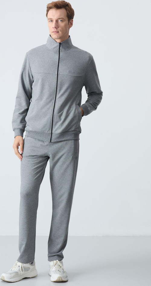 Gri Melanj Pamuklu Kalın Yumuşak Dokulu Comfort Fit Basic Erkek Eşofman Takım - 85260
