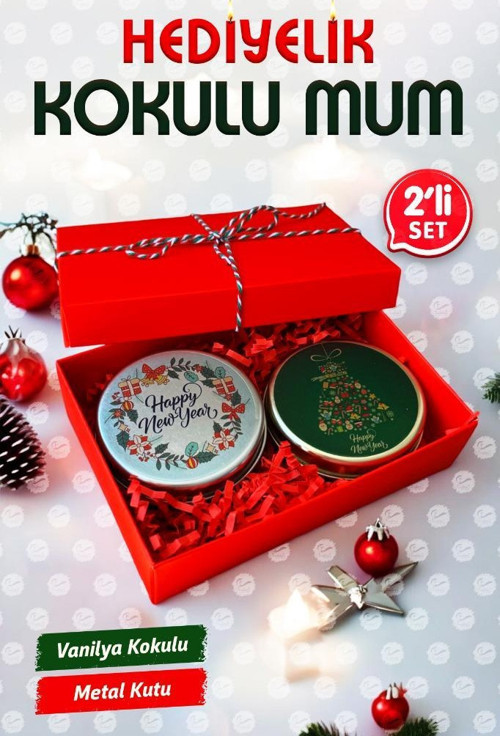 Yılbaşı Hediyelik Metal Kutu Kokulu Mum 2'li Set No:1 christmas gift candle-T1104