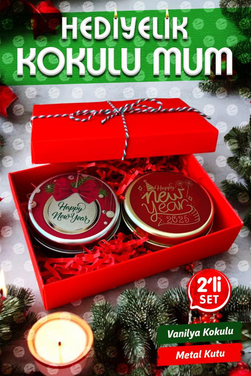 Yılbaşı Hediyelik Metal Kutu Kokulu Mum 2'li Set No:2 christmas gift candle-T1105