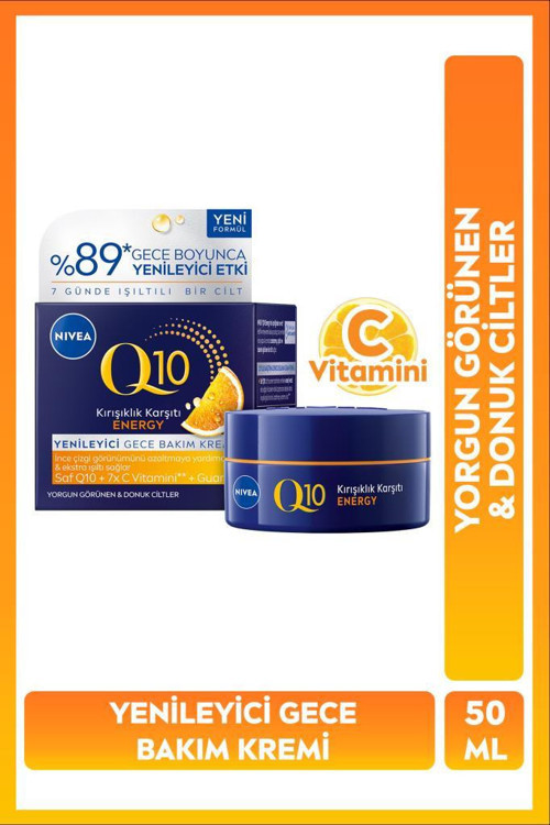 NIVEA Q10 Energy Kırışıklık Karşıtı Yenileyici Gece Bakım Kremi 50ml, C Vitamin, Yorgun Görünen Donuk Cilt