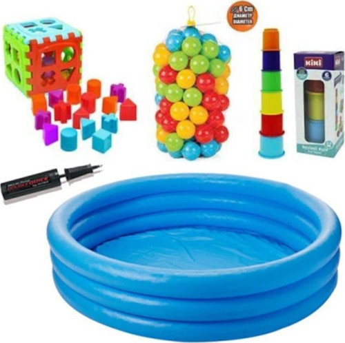 Eğitici Bebek Oyuncakları Seti Şişme Havuz 114Cm + Top + Bultak + Mini Kule +Pompa