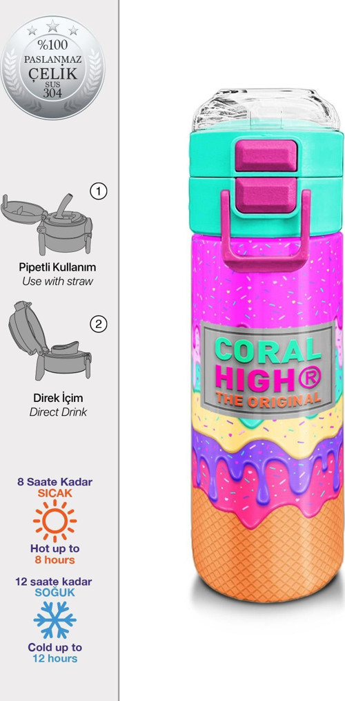 Kids Pembe Rengarenk Dondurma Desenli Pipetli ve Direkt İçim Çelik Termos 500 ml 31938