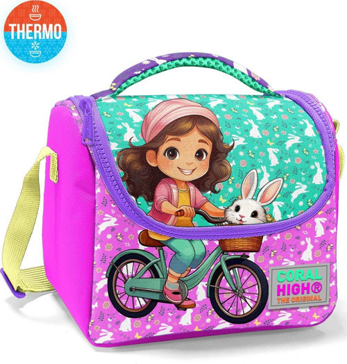 Kids Mor Pembe Bisikletli Kız Desenli Thermo Beslenme Çantası 12791