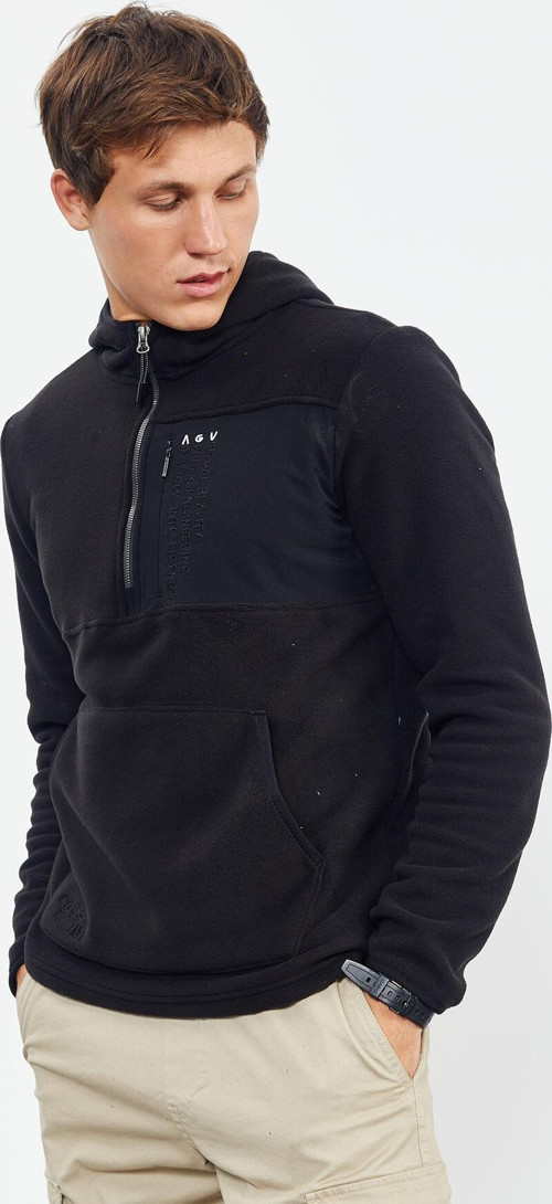 Siyah Nakışlı Yarım Fermuar Kapüşonlu Standart Kalıp Erkek Polar Sweatshirt - 87996