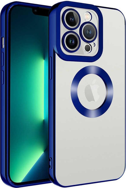 Apple iPhone 13 Pro Kılıf Kamera Korumalı Logo Gösteren Şeffaf Premium Omega Kapak - Mavi