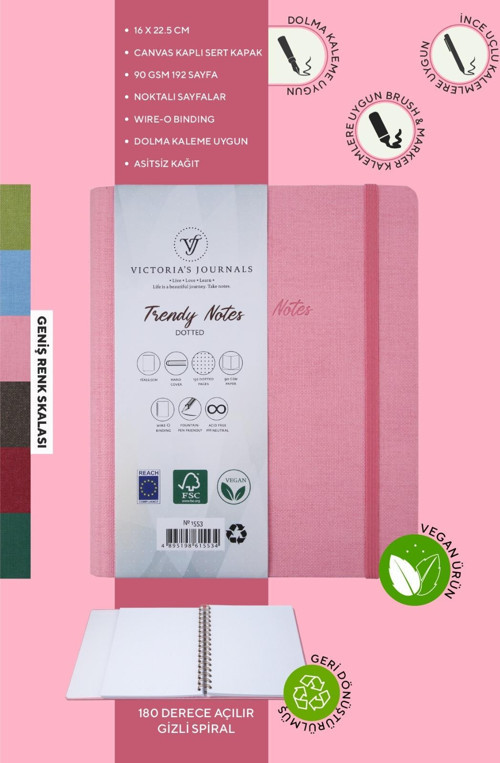 Canvas Tarihsiz Noktalı Defter , Bullet Journal , Gizli Spiralli 17x24 cm , 90 gr , 96 yp. Pembe