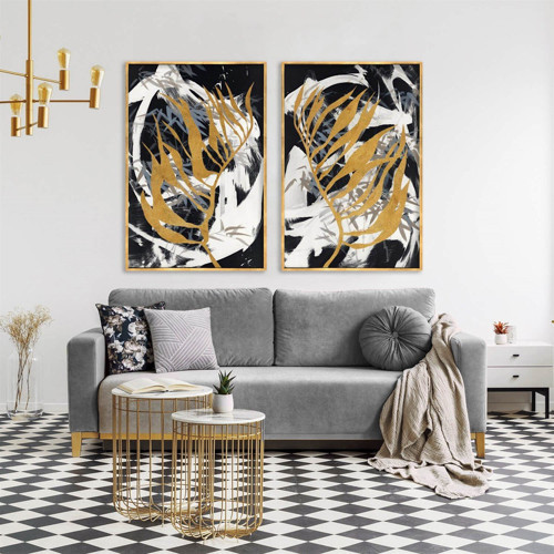 Altın Kanat İkili Set Yağlı Boya Dokulu Tablo 100X150 Siyah Çerçeveli