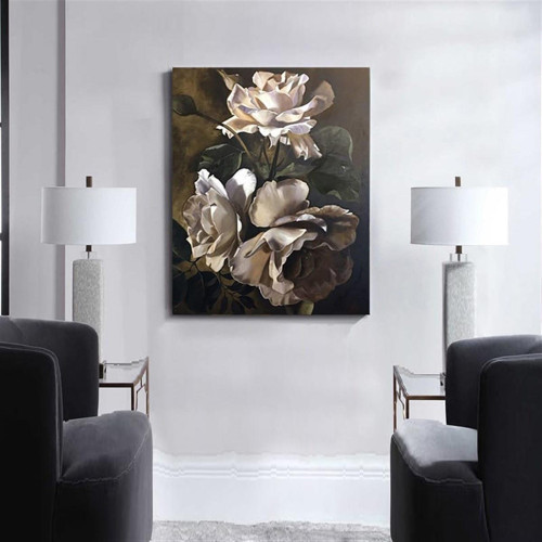 Beyaz Güller Yağlı Boya Dokulu Tablo 90X120 Gümüş Çerçeveli