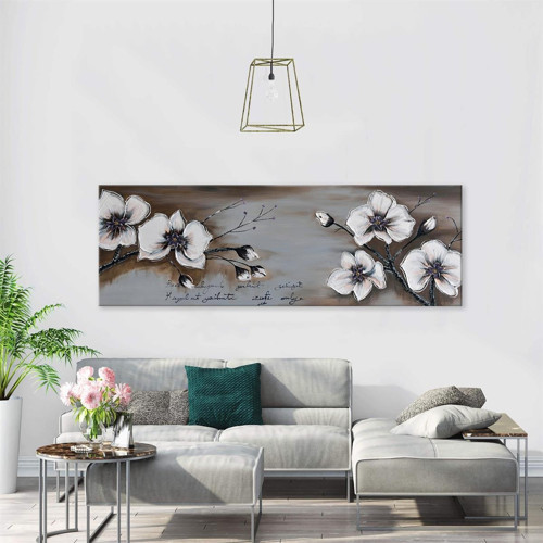 Beyaz Çiçeğin Tomurcukları Yağlı Boya Dokulu Tablo 100x200 Gümüş Çerçeveli