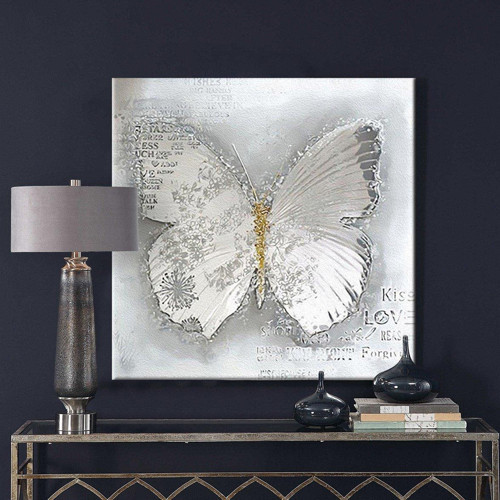 Beyaz Kelebek Yağlı Boya Dokulu Tablo 50X50 Gold Çerçeveli