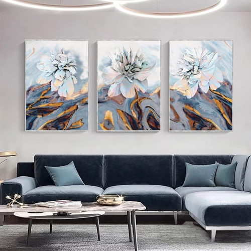 Beyaz Çiçekler Üçlü Set Yağlı Boya Dokulu Tablo 75X100 Gümüş Çerçeveli