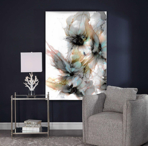 Beyaz Çiçekler Yağlı Boya Dokulu Tablo 90X120 Siyah Çerçeveli