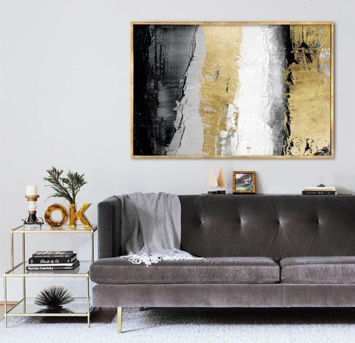 Black White Gold Yağlı Boya Dokulu Tablo 50X70 Gümüş Çerçeveli