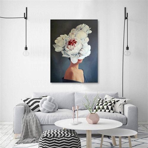 Beyaz Çiçekli Kadın Yağlı Boya Dokulu Tablo 75X100 Gümüş Çerçeveli