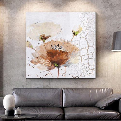 Beyaz Gelincik Çiçeği Yağlı Boya Dokulu Tablo 100X100 Gold Çerçeveli