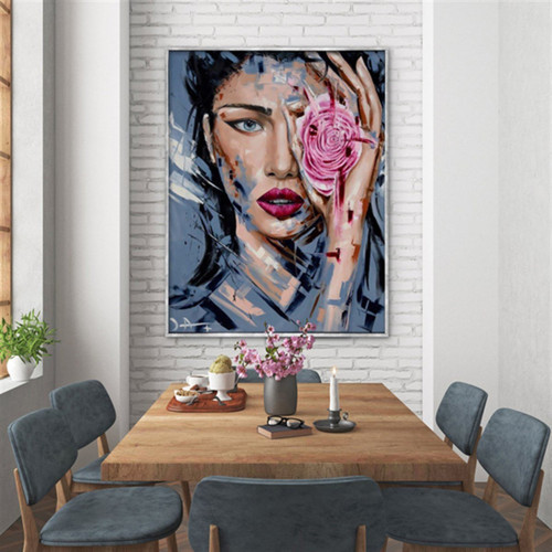 Blue Eyes Pink Rose Yağlı Boya Dokulu Tablo 100X150 Çerçevesiz