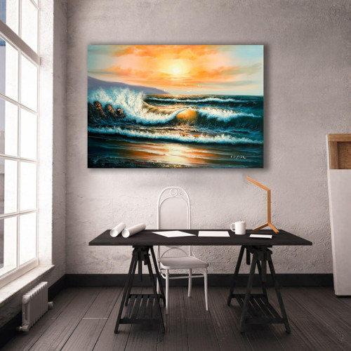 Denizde Gün Batımı Yağlı Boya Dokulu Tablo 50X70 Gold Çerçeveli