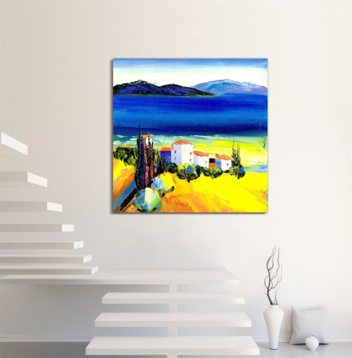 Ege Kasabası Yağlı Boya Dokulu Tablo 120X120 Gold Çerçeveli