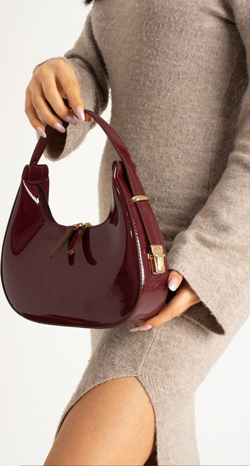Kadın Rugan Deri Baget Cherry Bag Fermuar Kapamalı Cherry Bag Özel Askı Detaylı Kol Çantası