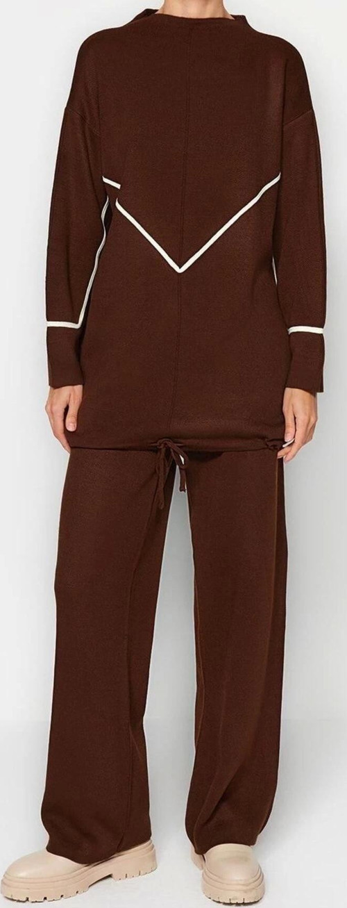 Moda Düz Dik Yaka Düşük Kol Casual Günlük Bağlama Detaylı Çizgili Triko Alt-Üst Takım