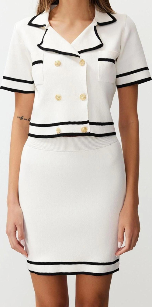 Moda Triko Renk Bloklu Polo Yaka Casual Günlük Siyah Ceket Etek Triko Alt-Üst Takım