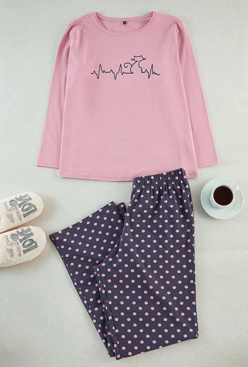 Tarz Rahat Büyük Beden Uzun Kollu Dar Paça Çiçek Desenli Desenli Örme Pijama Takımı