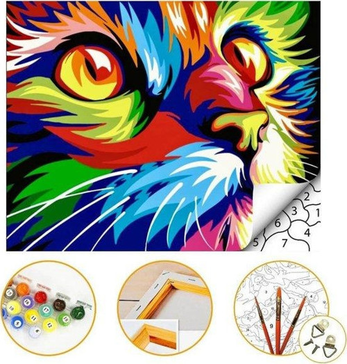Sayılarla Boyama Seti Renkli Kedi 40x50 cm - E046