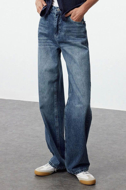 Stil Kadın Moda Denim Kot Pantolon Regular Geniş Paça Lacivert Yüksek Bel Straight Jeans