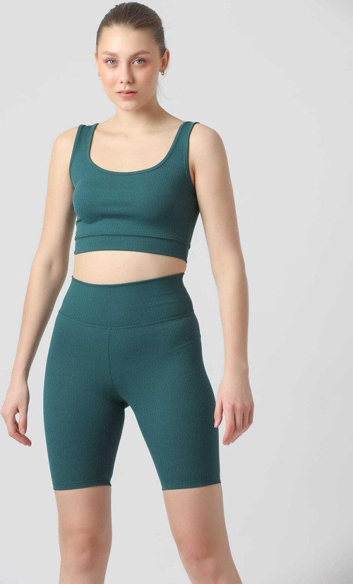Fitilli Büstiyer(Crop) Üst Ve Şortlu Spor Tayt Takım Zümrüt M
