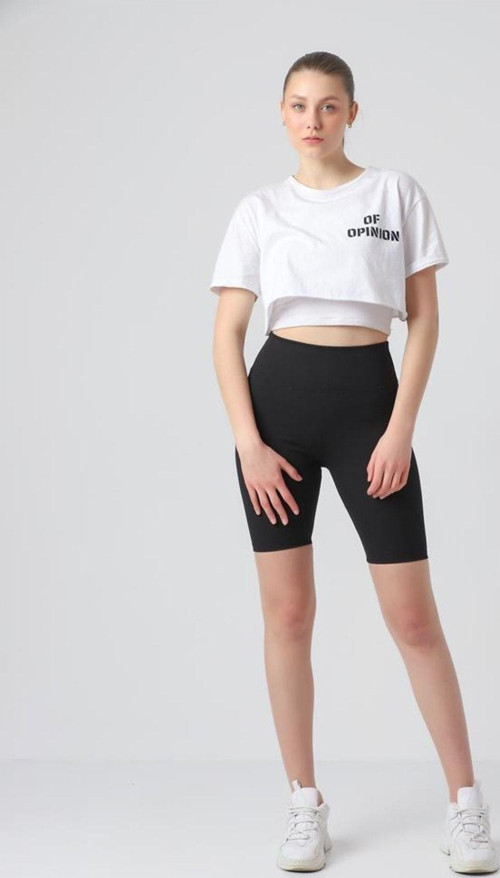 Fitilli Kadın Yüksek Bel Dikişsiz Biker Spor Şort Tayt Siyah XL