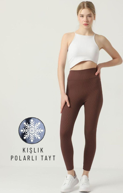 Kışlık Polarlı Fitilli Kadın Yüksek Bel Dikişsiz Tayt Kahverengi 2XL