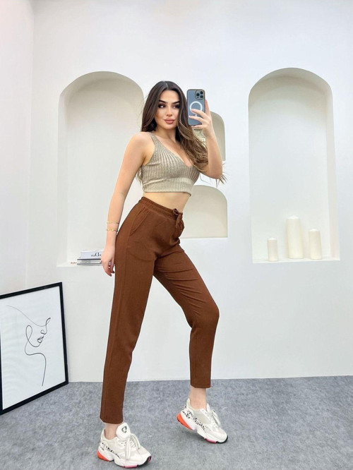Yüksek Bel Gofre Kumaş (Bürümcük) Yazlık Dar Paça Jogger Pantolon Koyu Kahverengi M
