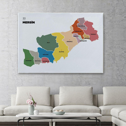 Özel Tasarım, Dekortif Baskı mersin İli Ve İlçeler Haritası Dekoratif Kanvas Tablo 1419
