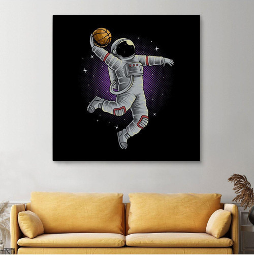 Özel Tasarım, Dekortif Baskı ay'Da Basketbol Oynayan Astronot Kanvas Tablo-5068